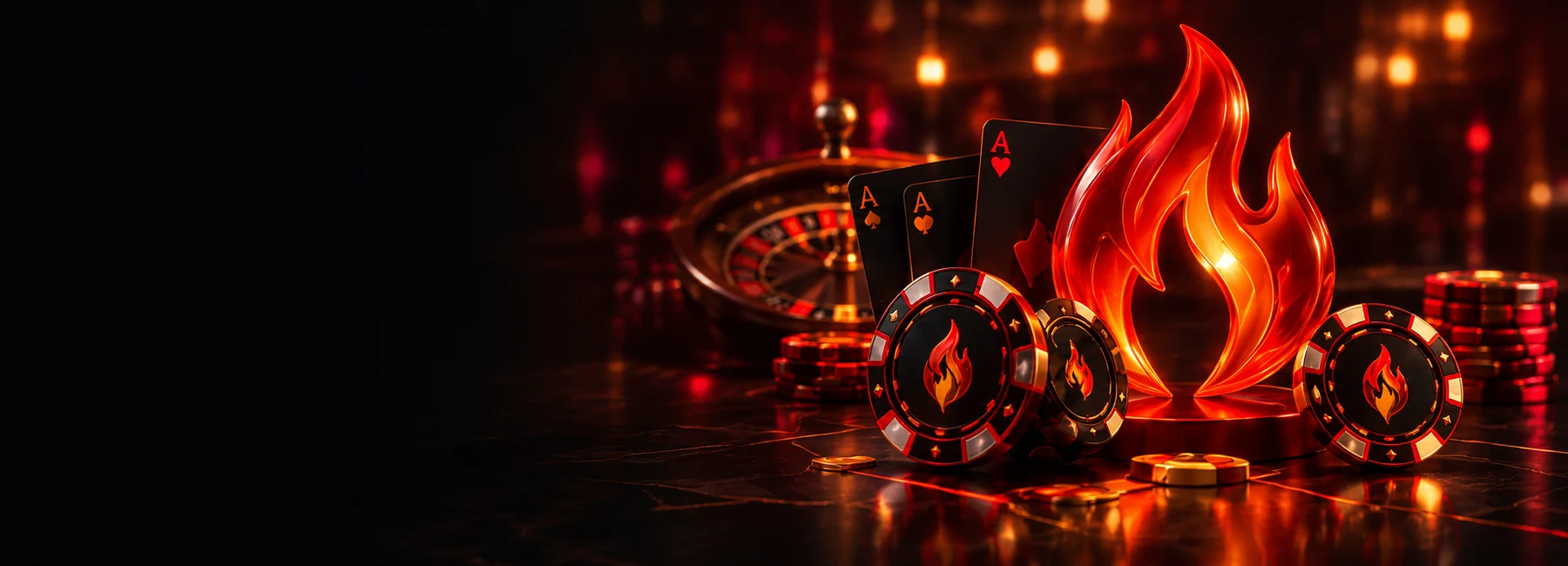 Rote FieryPlay-Flamme mit Casino-Chips und Spielkarten